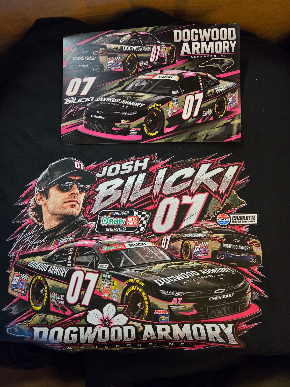 Full-color DTF race shirt and printed hero card for Josh Bilicki and Dogwood Armory